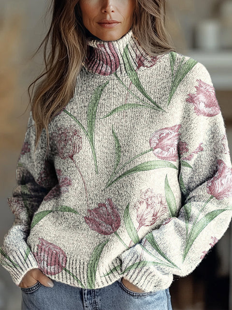 Women's Retro Art Flowers Print Knit Turtleneck Pullover Sweater