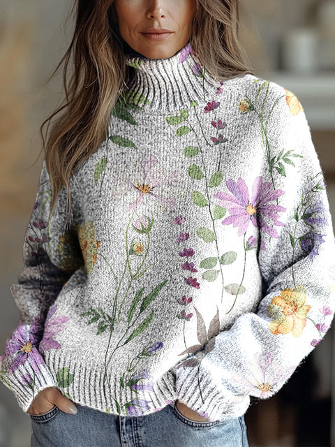 Women's Retro Art Ink Flower Print Knit Turtleneck Pullover Sweater