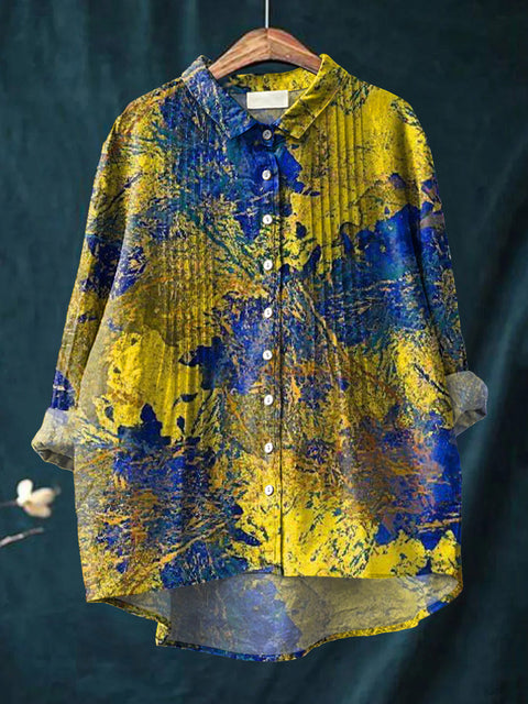 Women's Art Abstraction Texture Print Casual Cotton And Linen Ruffle Shirt