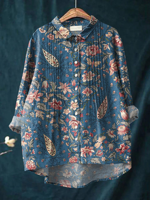 Women's Retro Art Flowers Print Casual Cotton And Linen Ruffle Shirt