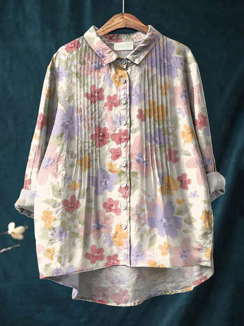 Women's Colorful Artistic Flowers Print Casual Cotton And Linen Ruffle Shirt