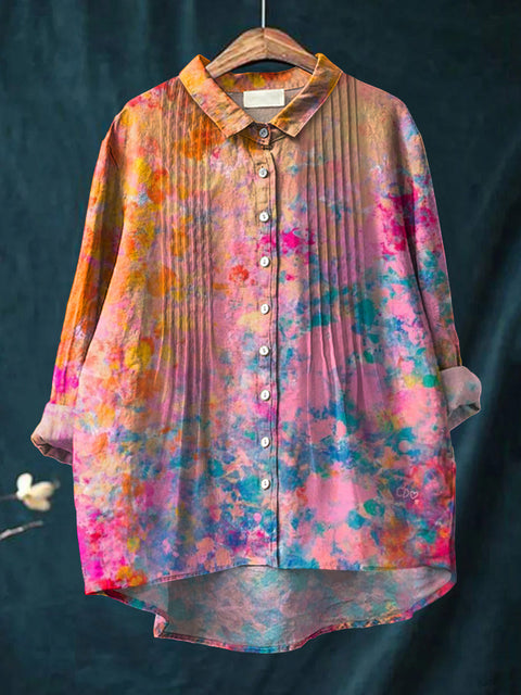 Women's Color Art Blending Print Casual Cotton And Linen Ruffle Shirt