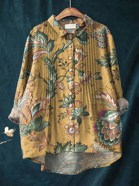 Women's Retro Art Flowers Print Casual Cotton And Linen Ruffle Shirt