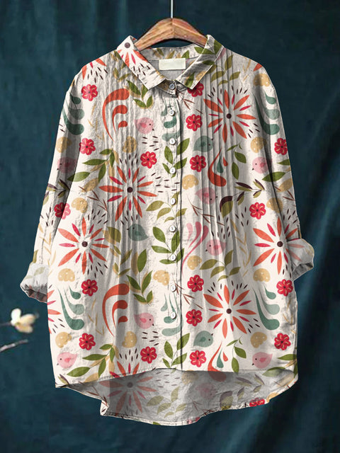 Women's Colorful Artistic Flowers Print Casual Cotton And Linen Ruffle Shirt