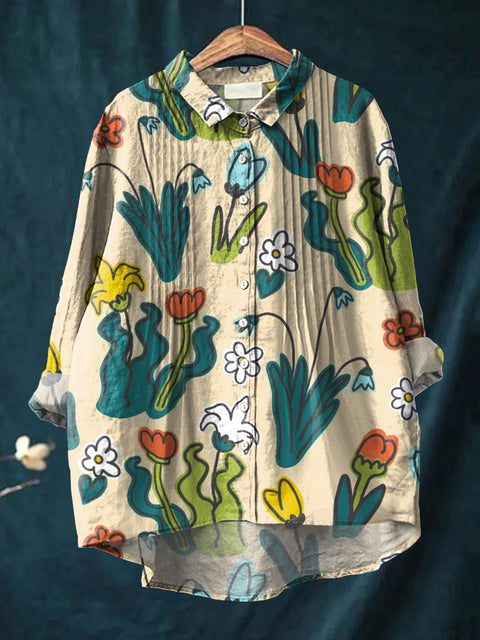 Women's Artistic Creative Cartoon Flowers Print Casual Cotton And Linen Ruffle Shirt