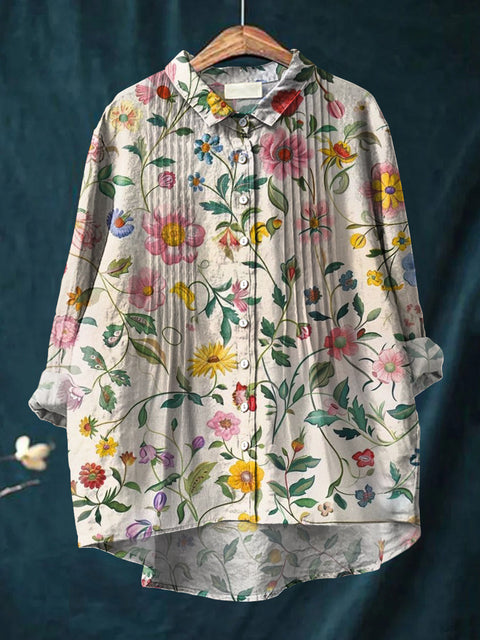 Women's Retro Art Flowers Print Casual Cotton And Linen Ruffle Shirt