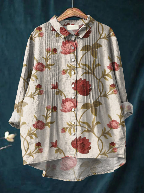 Women's Retro Art Flowers Print Casual Cotton And Linen Ruffle Shirt