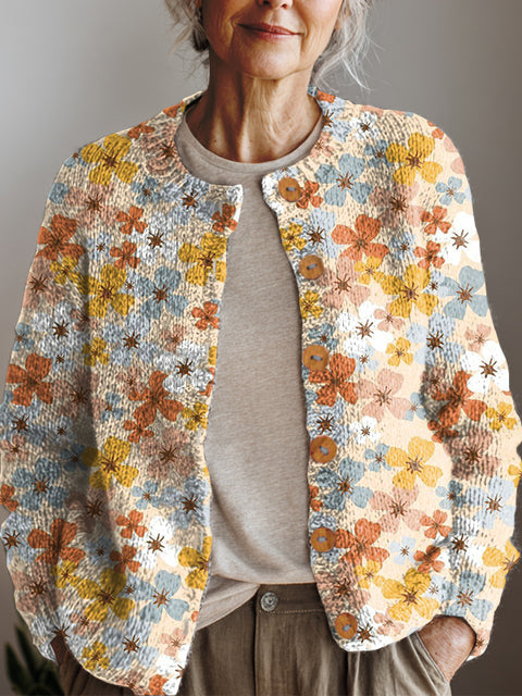 Women's Artistic Creative Flowers Print Buttoned Cardigan Sweater