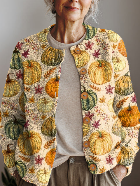Women's Retro Pumpkin Art Print Buttoned Cardigan Sweater