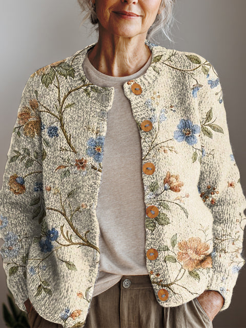 Women's Retro Art Flowers Print Buttoned Cardigan Sweater