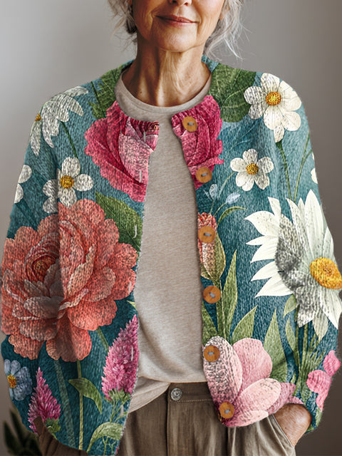 Women's Retro Art Flowers Print Buttoned Cardigan Sweater