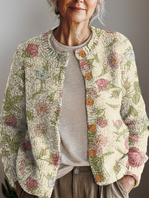 Women's Retro Art Flowers Print Buttoned Cardigan Sweater
