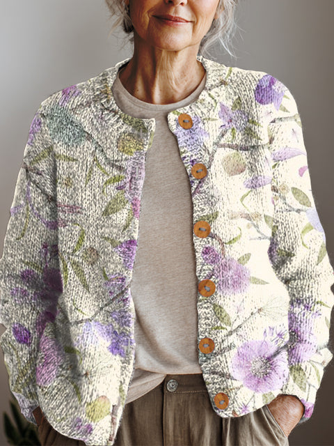 Women's Retro Art Flowers Print Buttoned Cardigan Sweater