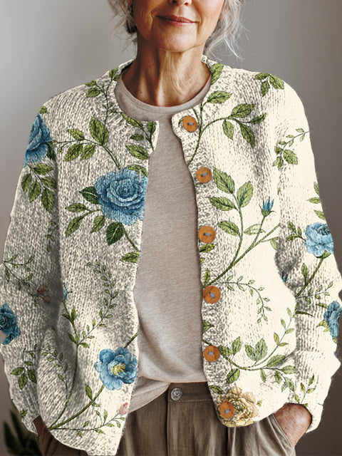 Women's Retro Art Flowers Print Buttoned Cardigan Sweater