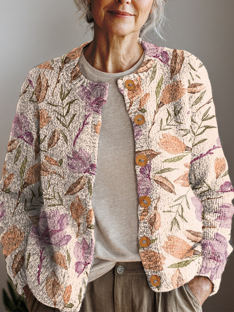 Women's Retro Art Flowers Print Buttoned Cardigan Sweater