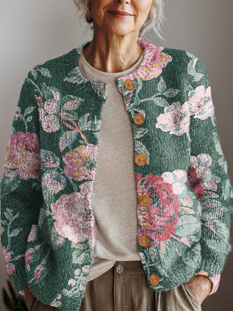 Women's Retro Art Flowers Print Buttoned Cardigan Sweater