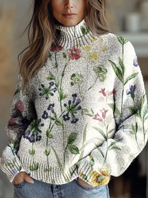 Watercolor Art Flowers Print Knit Turtleneck Pullover Sweater
