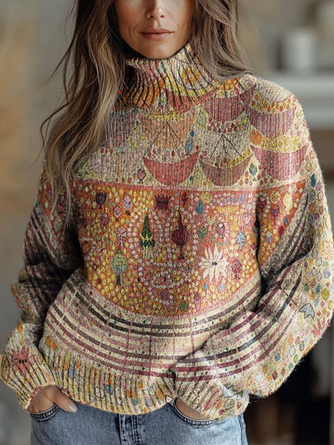 Women's Retro Ethnic Art Geometric Patterns Print Knit Turtleneck Pullover Sweater