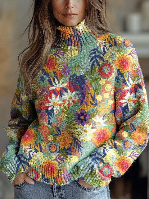 Women's Colorful Artistic Creative Flowers Print Knit Turtleneck Pullover Sweater