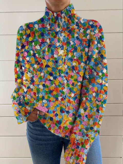 Women's Art Abstract Oil Painting Print Knit Turtleneck Pullover Sweater