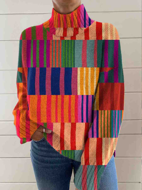 Women's Retro Art Abstract Geometric Print Knit Turtleneck Pullover Sweater