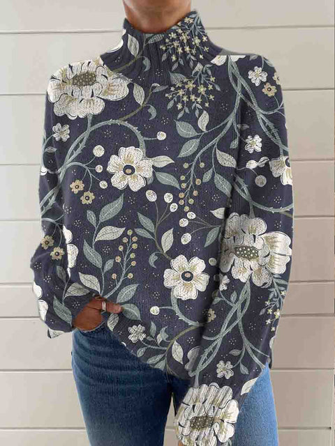 Women's Retro Artistic Floral Print Knit Turtleneck Pullover Sweater
