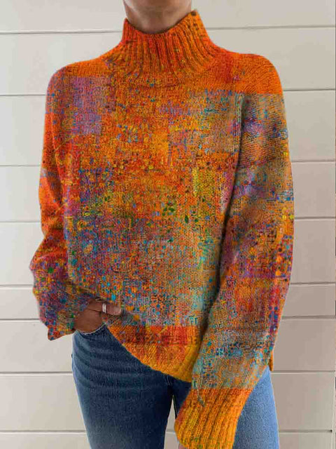 Women's Retro Art Abstract Pattern Print Knit Turtleneck Pullover Sweater