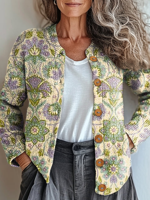 Women's Retro Artistic Ethnic Floral Print Buttoned Cardigan Sweater