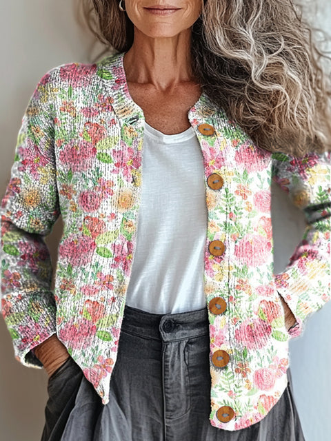 Women's Retro Artistic Floral Print Buttoned Cardigan Sweater
