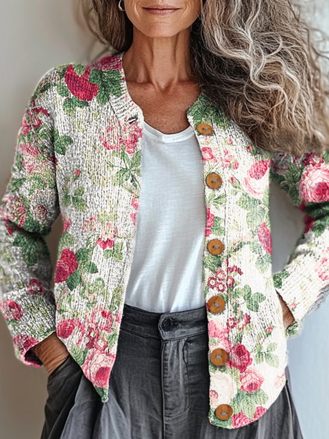 Women's Retro Artistic Floral Print Buttoned Cardigan Sweater