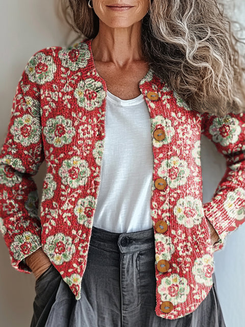 Women's Retro Artistic Ethnic Floral Print Buttoned Cardigan Sweater