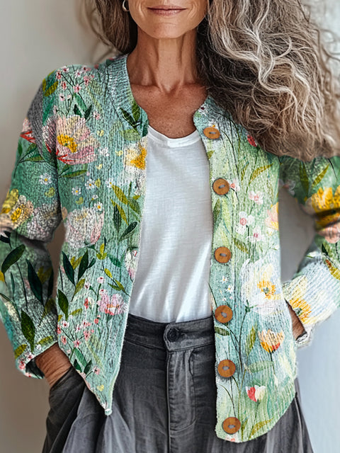 Women's Retro Floral Art Print Buttoned Cardigan Sweater