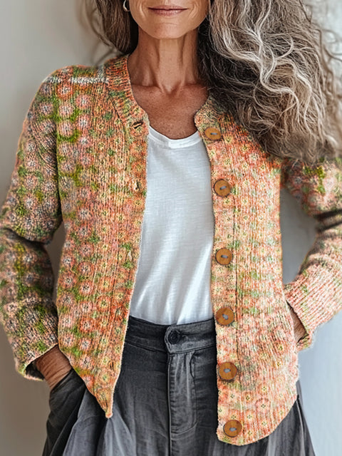 Women's Retro Artistic Floral Print Buttoned Cardigan Sweater