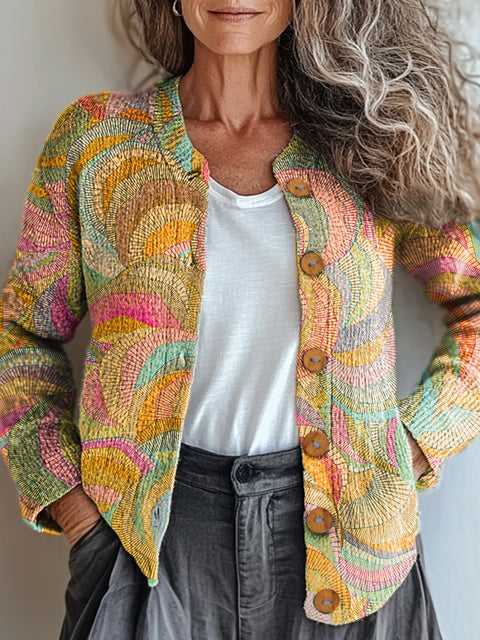 Women's Retro Artistic Abstract Pattern Print Buttoned Cardigan Sweater