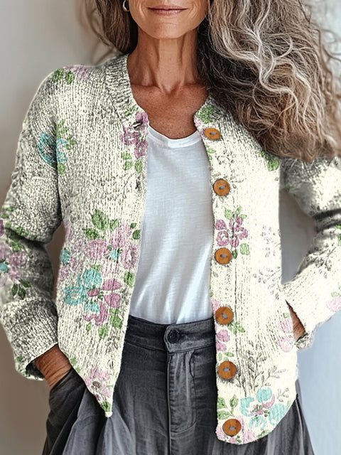 Women's Retro Artistic Floral Print Buttoned Cardigan Sweater