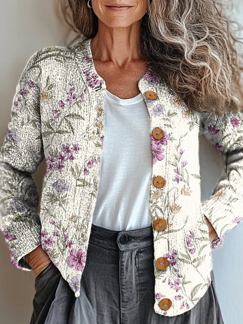 Women's Retro Artistic Floral Print Buttoned Cardigan Sweater