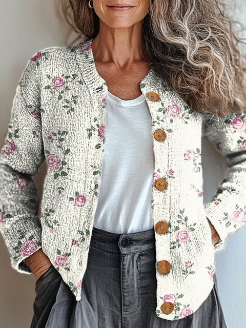 Women's Retro Artistic Floral Print Buttoned Cardigan Sweater