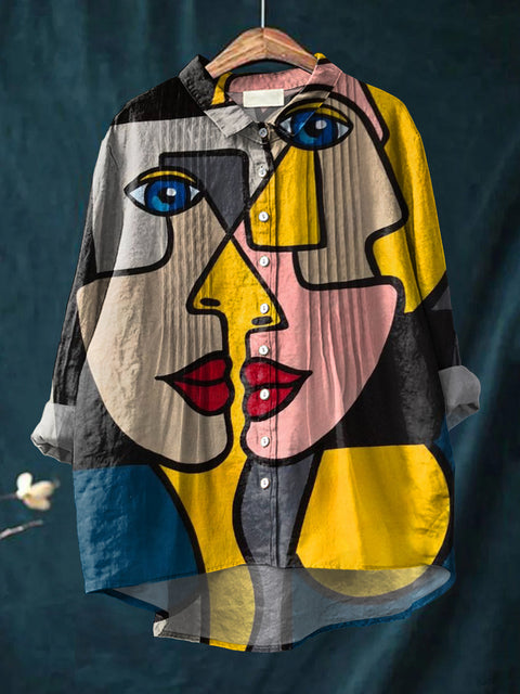 Women's Abstract Art Faces Print Casual Cotton And Linen Ruffle Shirt