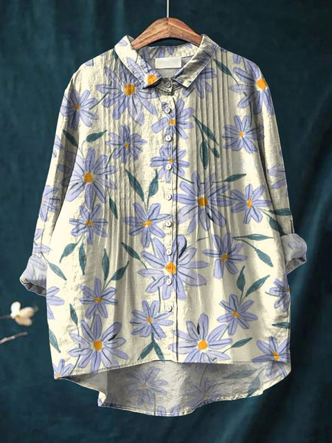 Women's Artistic Creative Flowers Print Casual Cotton And Linen Ruffle Shirt
