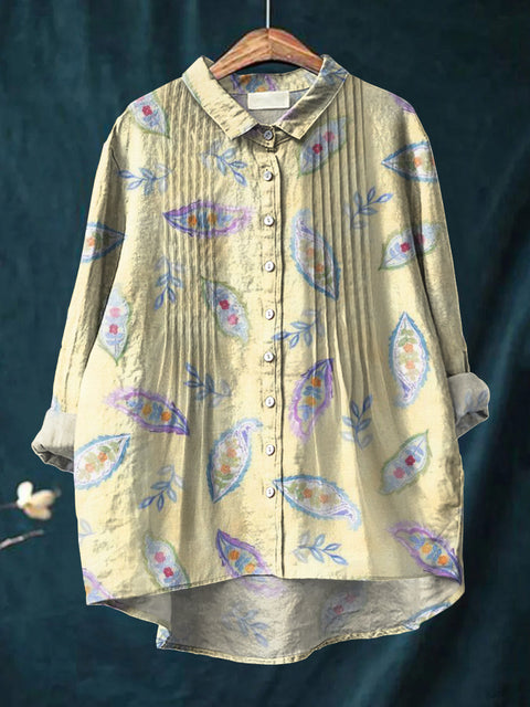 Women's Artistic Creative Flowers Print Casual Cotton And Linen Ruffle Shirt