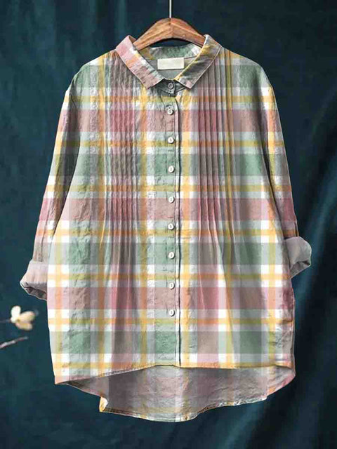 Women's Art Stripes Plaid Print Casual Cotton And Linen Ruffle Shirt