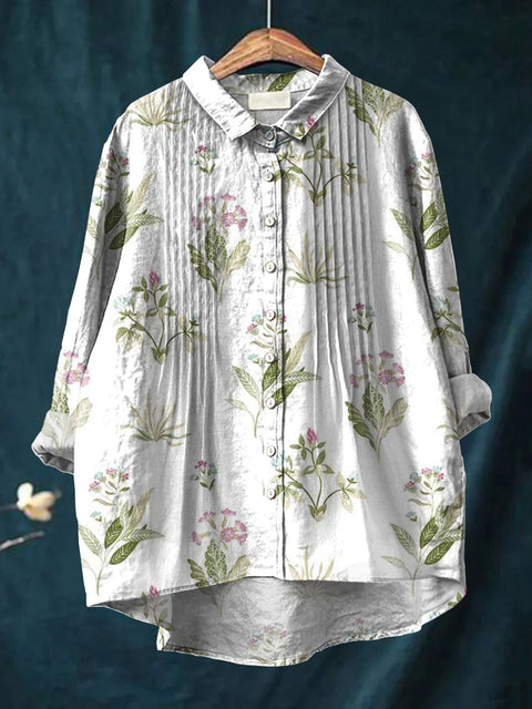 Women's Retro Art Flowers Print Casual Cotton And Linen Ruffle Shirt
