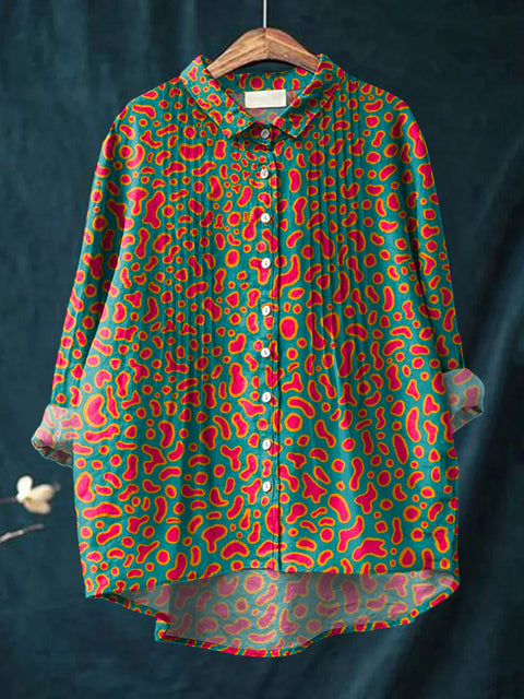 Women's Artistic Abstract Geometric Patterns Print Casual Cotton And Linen Ruffle Shirt