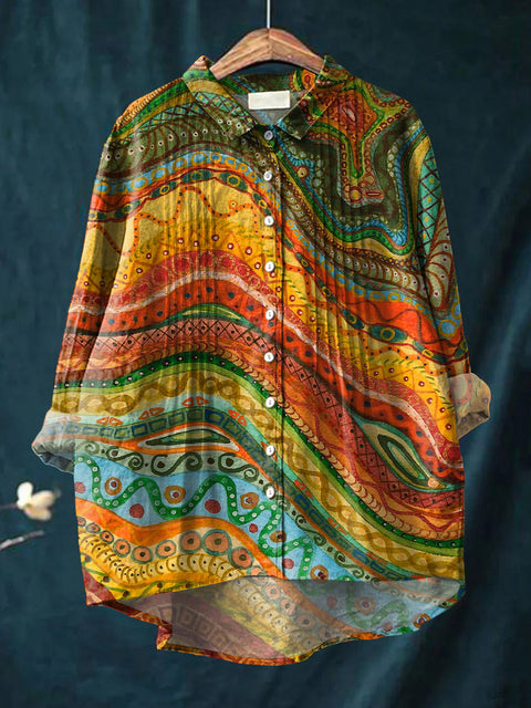 Women's Abstract Ethnic Art Patterns Print Casual Cotton And Linen Ruffle Shirt