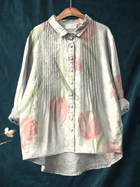 Women's Artistic Creative Flowers Print Casual Cotton And Linen Ruffle Shirt