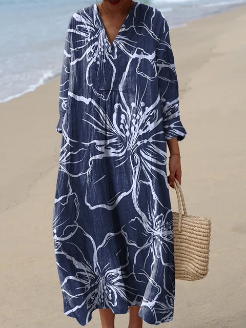 Women's Blue Flower Pattern  Art Print Dress