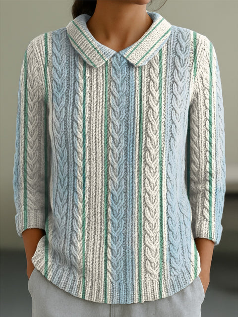 Women's Line Pattern Casual Peter Pan Collar 3/4 Sleeve Sweater