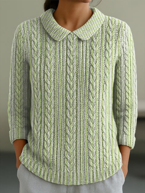 Women's Green Line Pattern Casual Peter Pan Collar 3/4 Sleeve Sweater