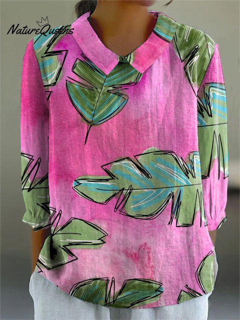 Women's Pink Leaf Pattern Print Casual Cotton And Linen 3/4 Sleeve Shirt