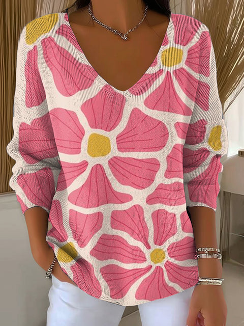 Women's Pink Flower Pattern Pullover Sweater
